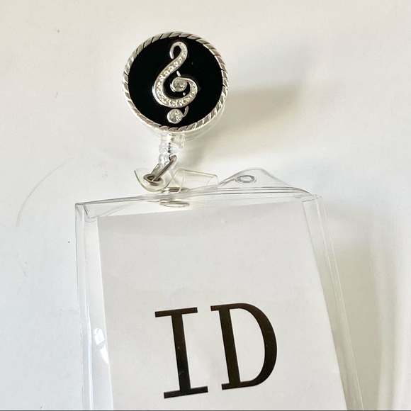 Crystal Enamel Music ID Work Badge Holder Retractable Reel Lanyard Silver Black - Picture 3 of 8